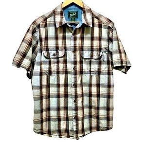 Woolrich cotton shirt, short sleeve, plaid, black, orange, size L